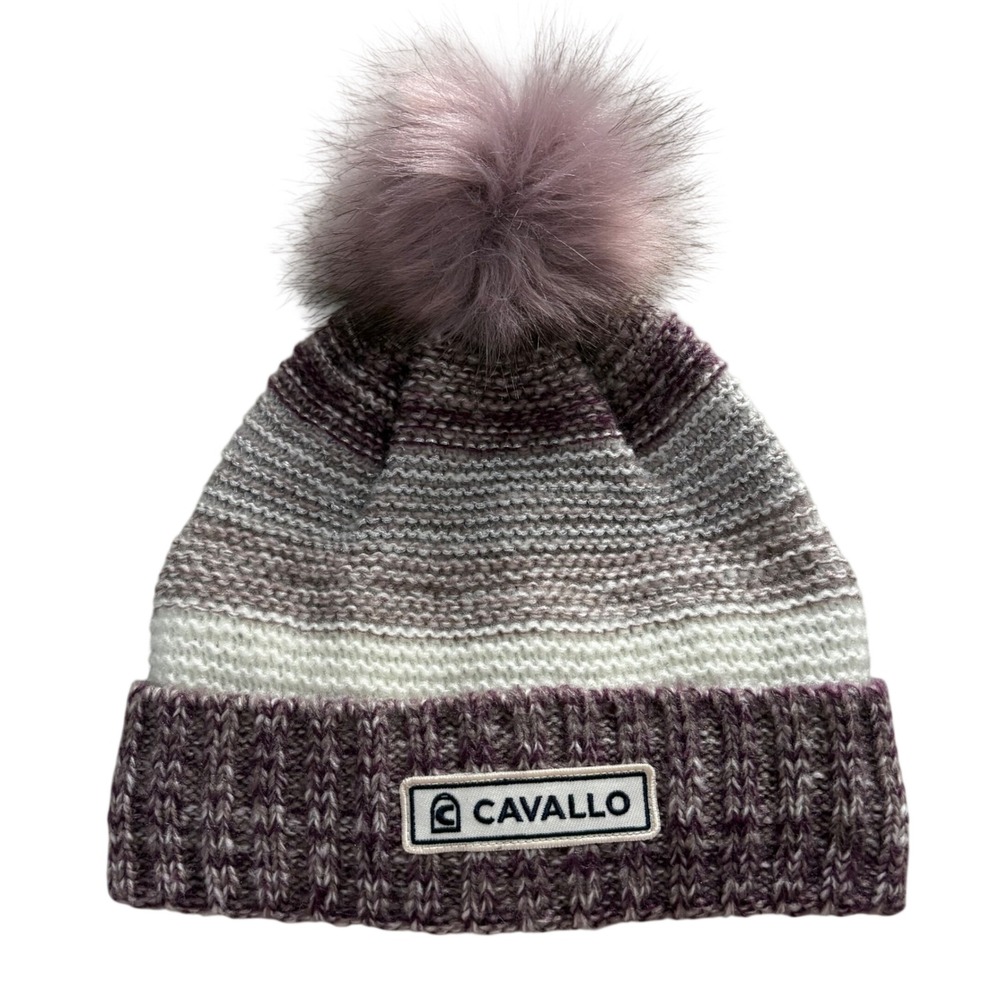 Cavallo Fleece Lined Knit Beanie Hat Purple Grey Striped Faux Fur Pom Equestrian